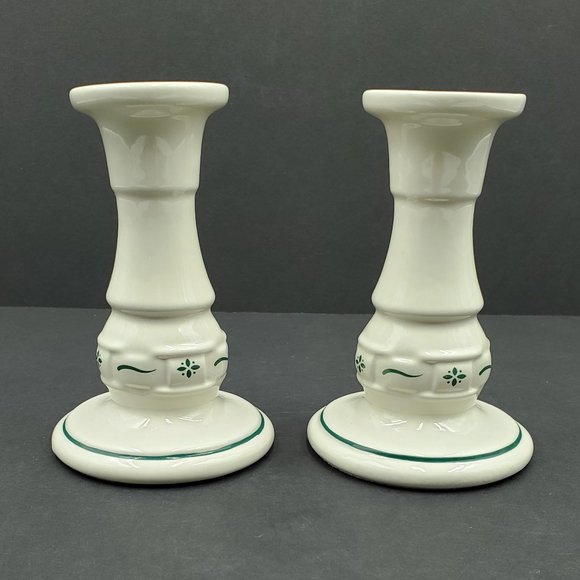 Longaberger Pottery Woven Traditions Heritage Green Candlesticks Candle Holders - Picture 2 of 6